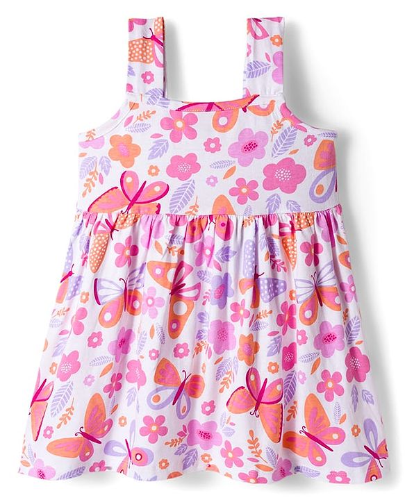 Babyhug Cotton Knit Half Sleeves Floral Printed Frock With Shrug - Pink