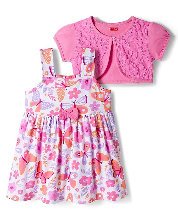 Babyhug Cotton Knit Half Sleeves Floral Printed Frock With Shrug - Pink