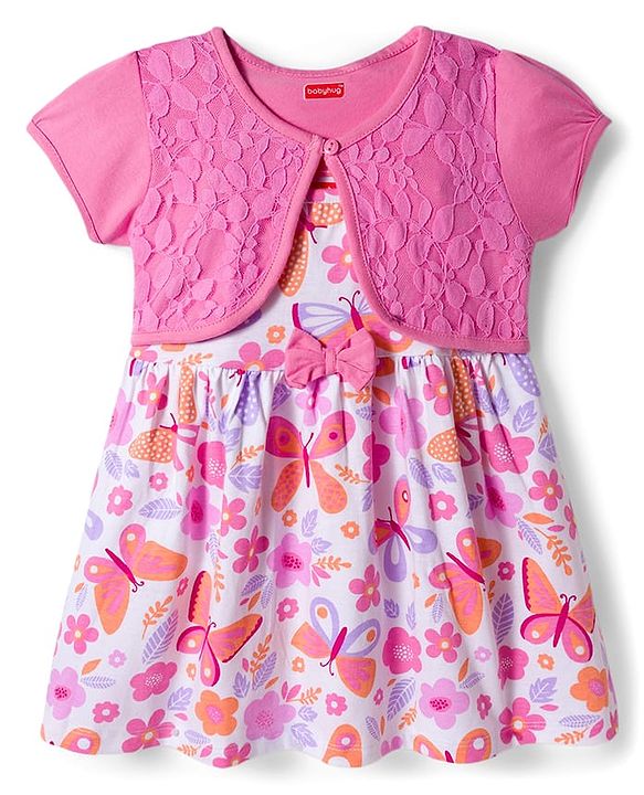 Babyhug Cotton Knit Half Sleeves Floral Printed Frock With Shrug - Pink