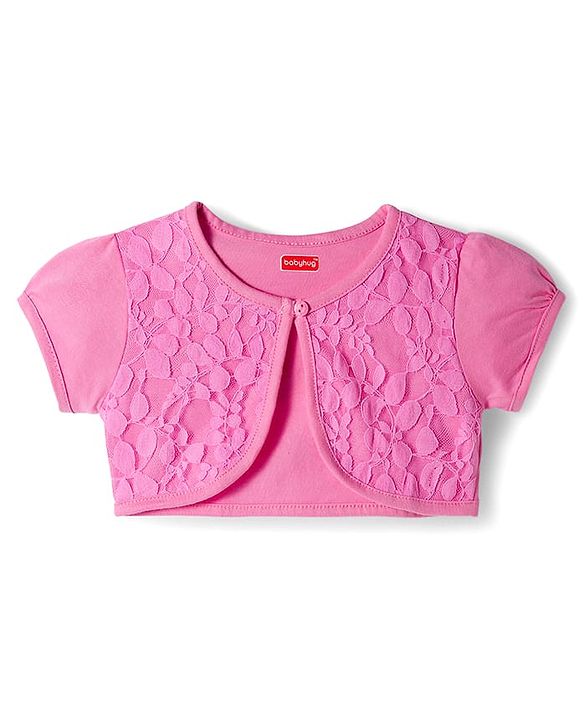 Babyhug Cotton Knit Half Sleeves Floral Printed Frock With Shrug - Pink