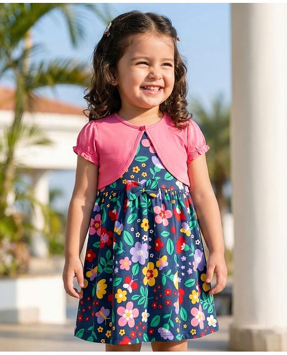 Babyhug Single Jersey Knit Frock & Half Sleeves Shrug With Floral Print & Bow Applique - Navy Blue & Pink