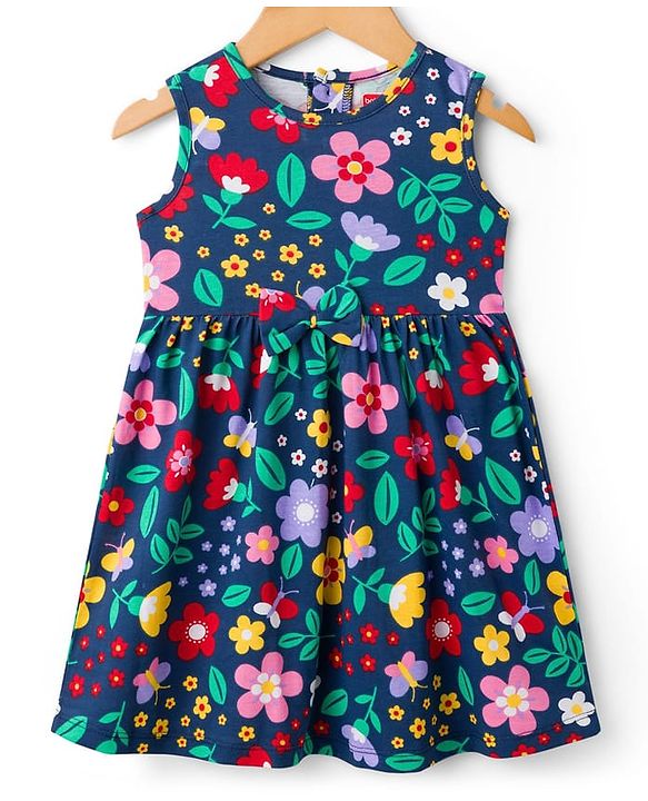 Babyhug Single Jersey Knit Frock & Half Sleeves Shrug With Floral Print & Bow Applique - Navy Blue & Pink