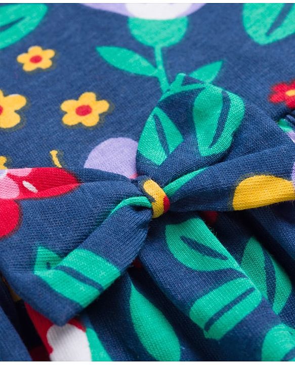 Babyhug Single Jersey Knit Frock & Half Sleeves Shrug With Floral Print & Bow Applique - Navy Blue & Pink