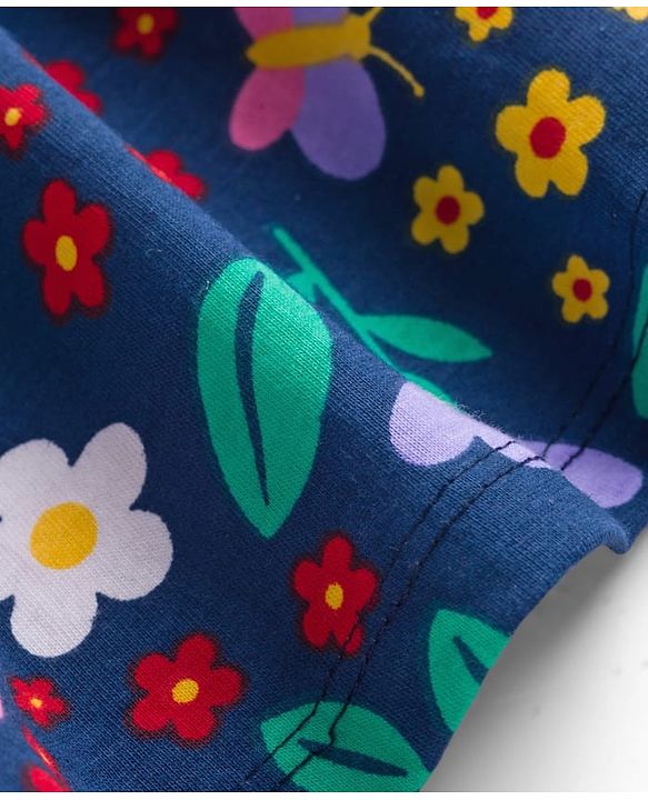 Babyhug Single Jersey Knit Frock & Half Sleeves Shrug With Floral Print & Bow Applique - Navy Blue & Pink