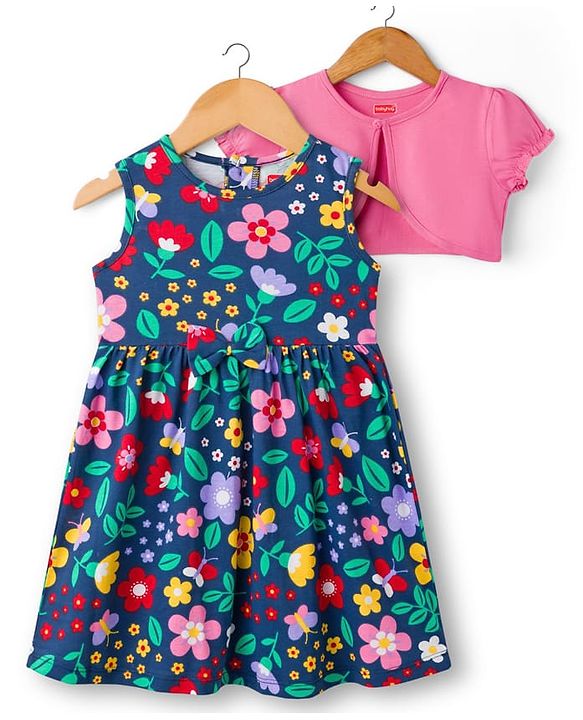 Babyhug Single Jersey Knit Frock & Half Sleeves Shrug With Floral Print & Bow Applique - Navy Blue & Pink