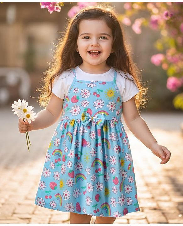 Babyhug Cotton Knit Half Sleeves Frock With Inner T-Shirt  with Floral Print with Bow Applique - Light Blue