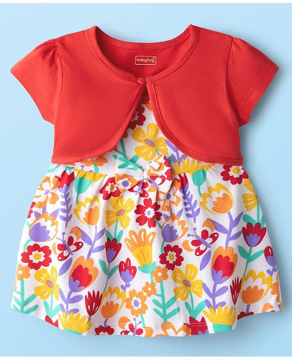Babyhug Single Jersey Knit Frock & Half Sleeves Shrug With Floral Print - Dark Pink & White
