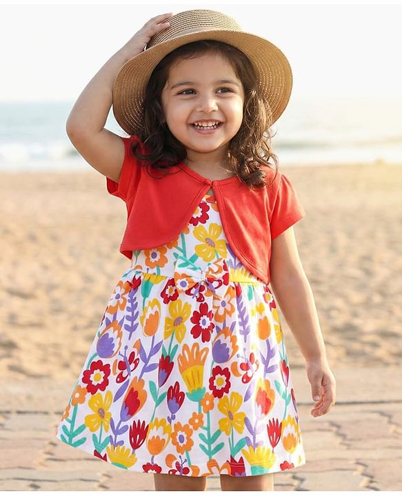 Babyhug Single Jersey Knit Frock & Half Sleeves Shrug With Floral Print - Dark Pink & White
