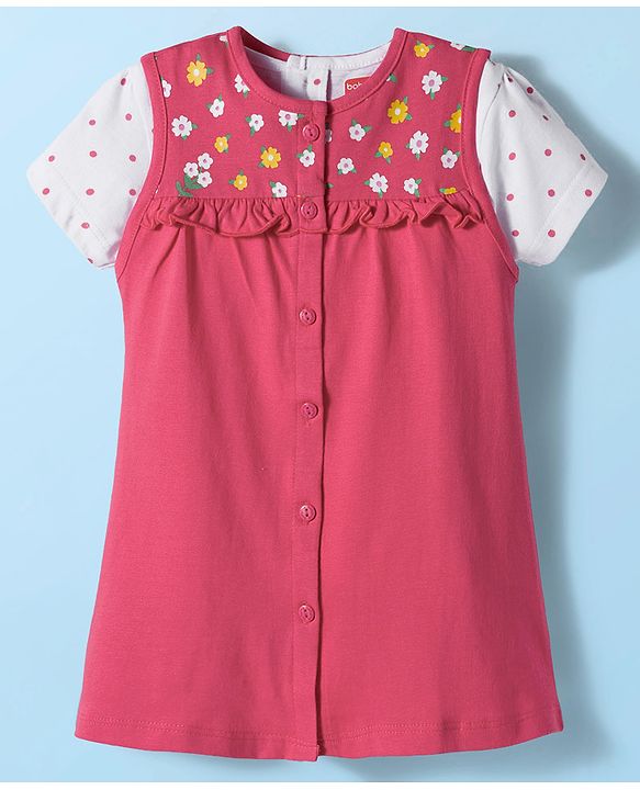 Babyhug Single Jersey Knit Floral Printed Frock With Inner Half Sleeves Tee - Red