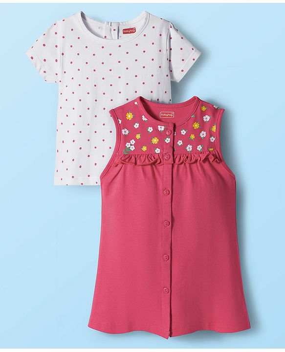 Babyhug Single Jersey Knit Floral Printed Frock With Inner Half Sleeves Tee - Red