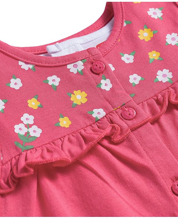 Babyhug Single Jersey Knit Floral Printed Frock With Inner Half Sleeves Tee - Red