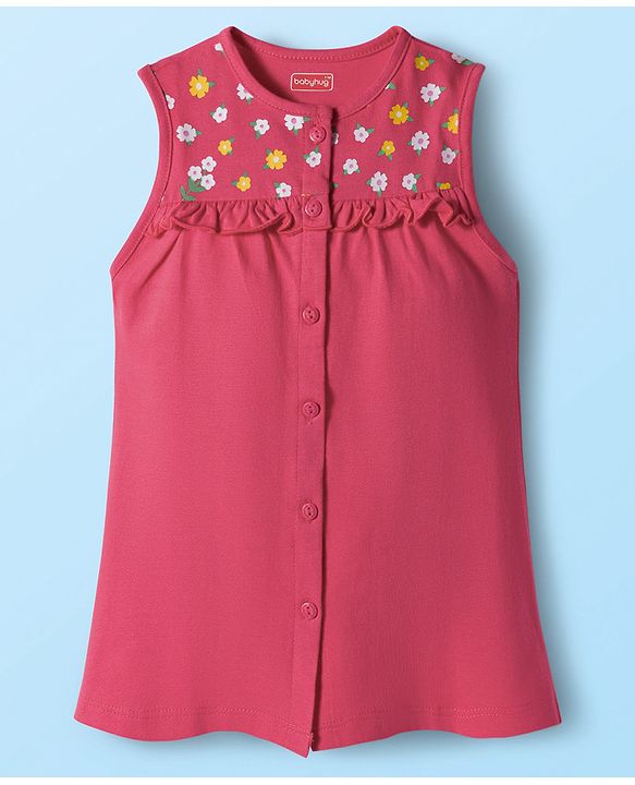 Babyhug Single Jersey Knit Floral Printed Frock With Inner Half Sleeves Tee - Red