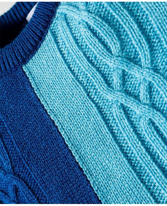 Babyhug Knit Full Sleeves Winter Wear Color Block Romper With Knit Design - Navy Blue & Light Blue