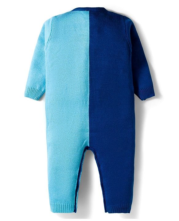 Babyhug Knit Full Sleeves Winter Wear Color Block Romper With Knit Design - Navy Blue & Light Blue