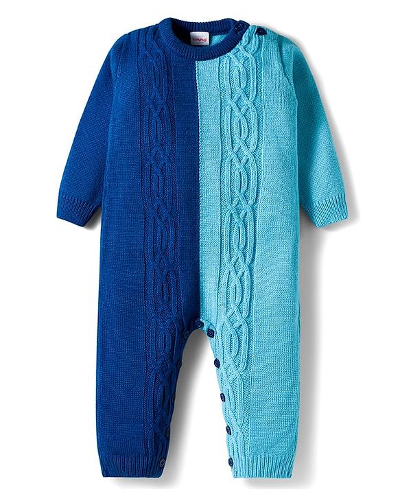 Babyhug Knit Full Sleeves Winter Wear Color Block Romper With Knit Design - Navy Blue & Light Blue