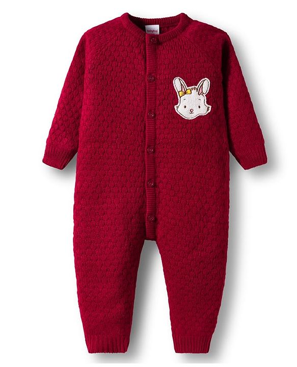 Babyhug Sweater Knit Full Sleeves Winter Wear Romper with Bunny Embroidery Patch - Maroon
