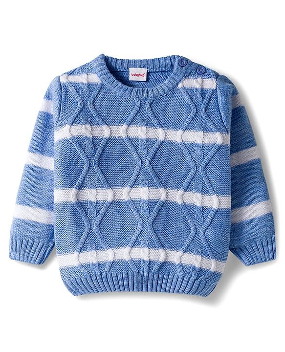 Babyhug Knitted Full Sleeves Smartfit Striped Cable Knit Design Pullover Sweater With Corduroy Pant - Blue