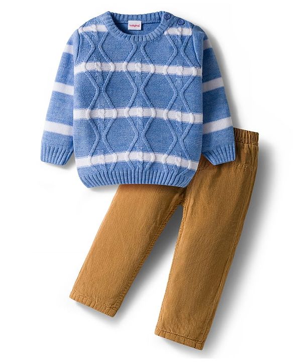 Babyhug Knitted Full Sleeves Smartfit Striped Cable Knit Design Pullover Sweater With Corduroy Pant - Blue