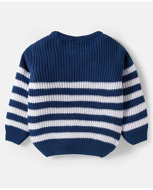 Babyhug Knitted Full Sleeves Striped Sweater Set With Cable Knit Design - Navy Blue