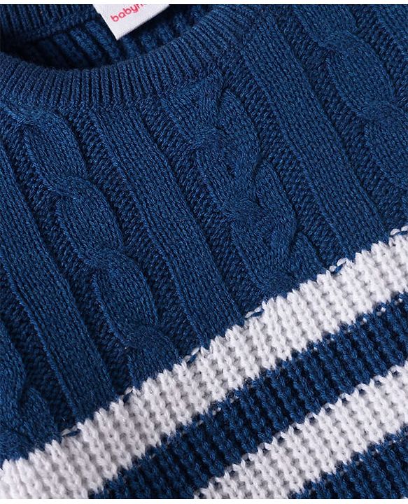 Babyhug Knitted Full Sleeves Striped Sweater Set With Cable Knit Design - Navy Blue