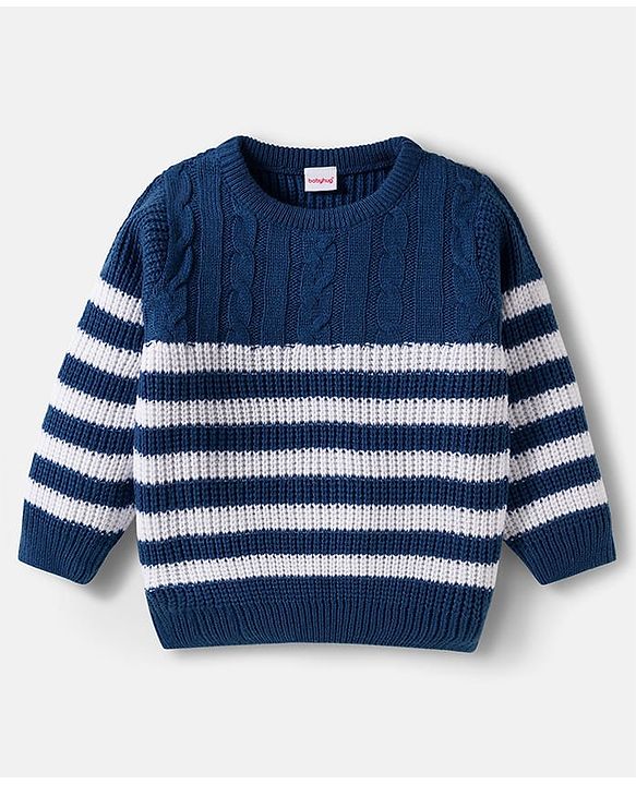 Babyhug Knitted Full Sleeves Striped Sweater Set With Cable Knit Design - Navy Blue