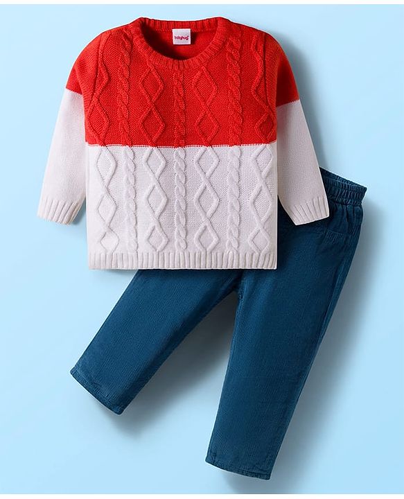 Babyhug Knitted Full Sleeves Sweater Set With Cable Knit Design - Red White & Navy Blue