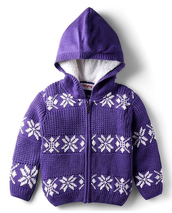Babyhug Knit Full Sleeves Hooded Front Open Sweater With Floral & Cable Knit Design - Purple