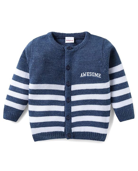 Babyhug Knit Full Sleeves Front Open Sweater with Stripes - Navy Blue
