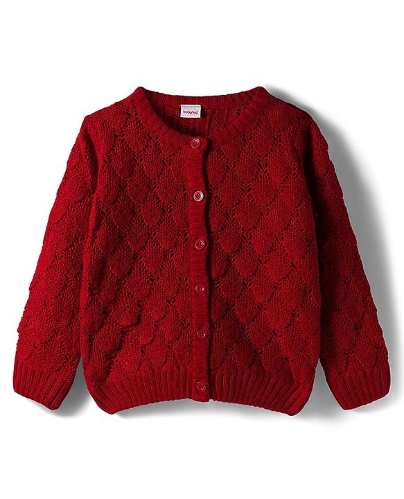 Babyhug Knitted Full Sleeves Front Open Sweater - Dark Red