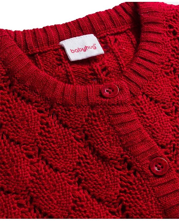 Babyhug Knitted Full Sleeves Front Open Sweater - Dark Red