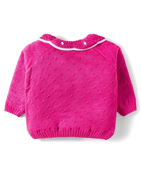 Babyhug Knit Full Sleeves Front Open Sweater with Inner Fur Lining & Collar Detailing - Pink