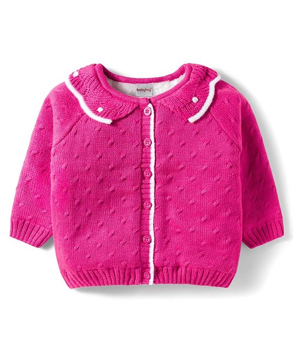 Babyhug Knit Full Sleeves Front Open Sweater with Inner Fur Lining & Collar Detailing - Pink