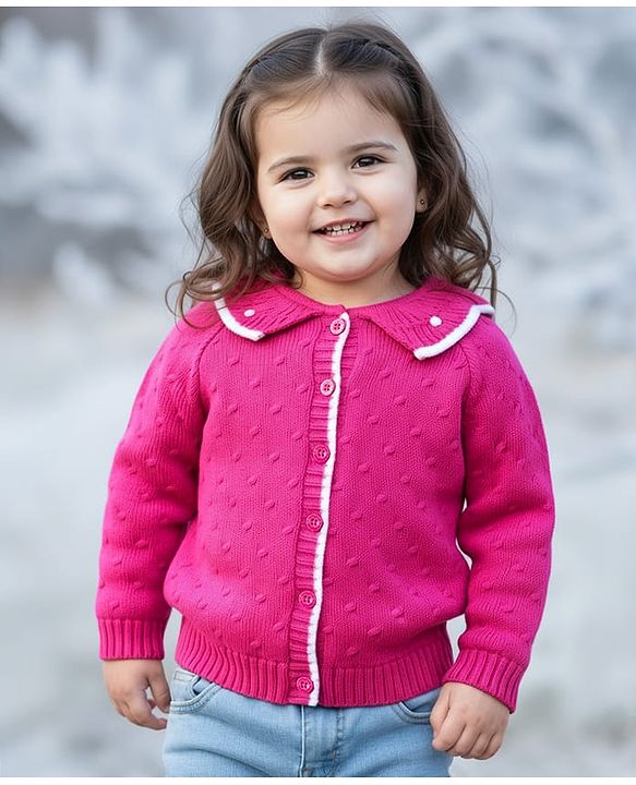 Babyhug Knit Full Sleeves Front Open Sweater with Inner Fur Lining & Collar Detailing - Pink