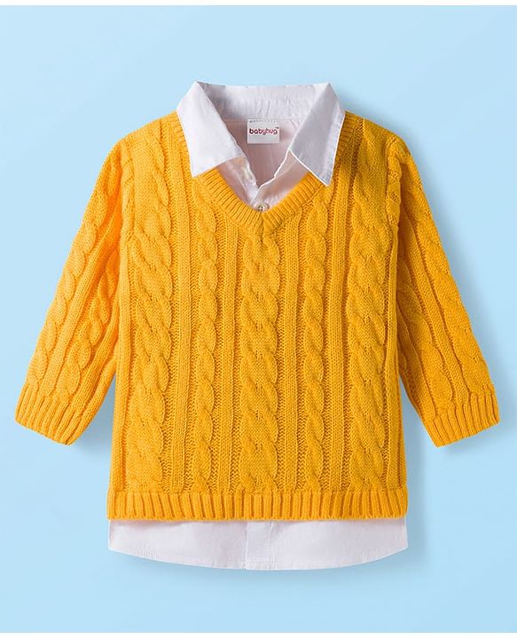 Babyhug Knit Full Sleeves Twofer Style Pullover Sweater with Cable Knit Design - Yellow