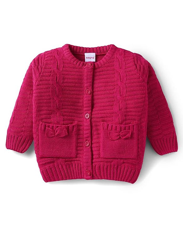 Babyhug Knit Full Sleeves Front Open Sweater Set with Bow Applique Cable Knit Design & Pocket Detailing with Cap - Fuchsia