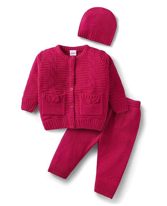 Babyhug Knit Full Sleeves Front Open Sweater Set with Bow Applique Cable Knit Design & Pocket Detailing with Cap - Fuchsia