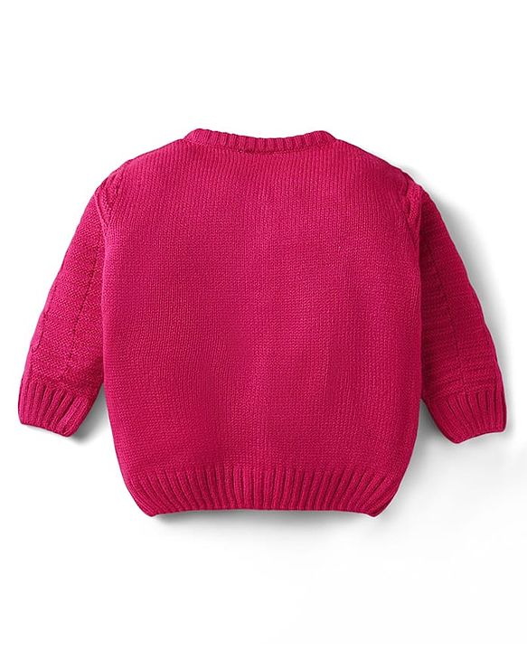 Babyhug Knit Full Sleeves Front Open Sweater Set with Bow Applique Cable Knit Design & Pocket Detailing with Cap - Fuchsia