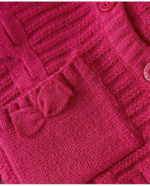 Babyhug Knit Full Sleeves Front Open Sweater Set with Bow Applique Cable Knit Design & Pocket Detailing with Cap - Fuchsia