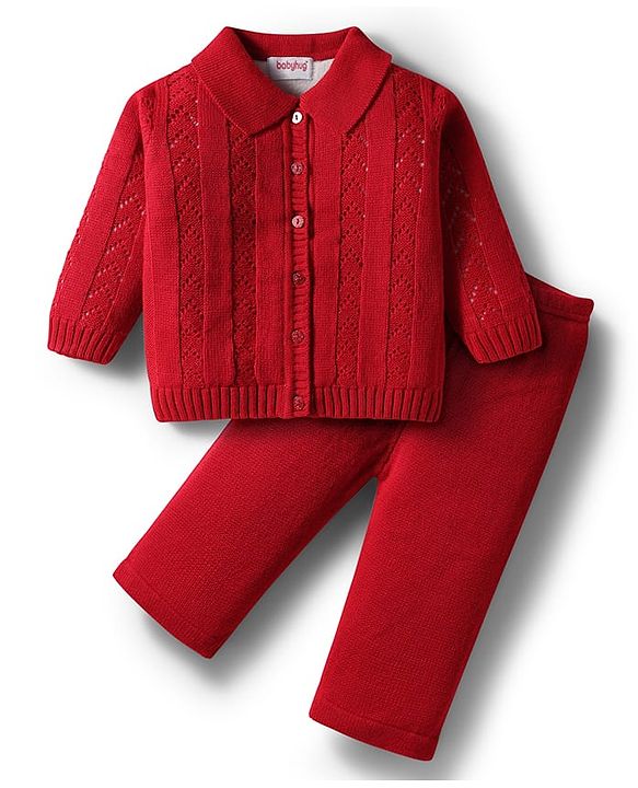 Babyhug Knit Full Sleeves Front Open Sweater Set with Schiffli Design - Red