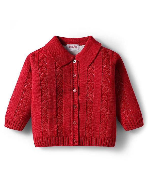 Babyhug Knit Full Sleeves Front Open Sweater Set with Schiffli Design - Red