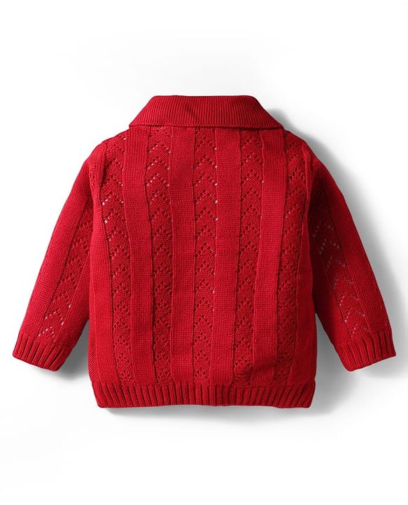 Babyhug Knit Full Sleeves Front Open Sweater Set with Schiffli Design - Red