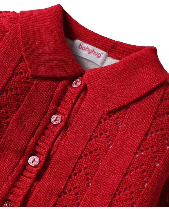 Babyhug Knit Full Sleeves Front Open Sweater Set with Schiffli Design - Red