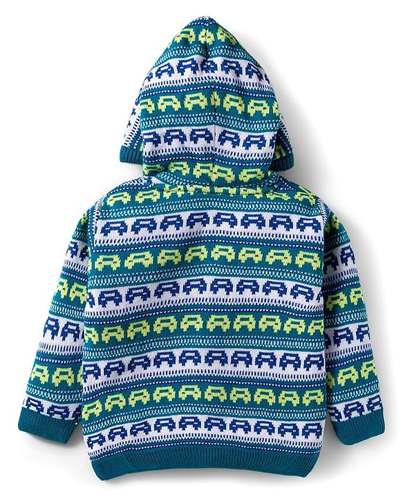 Babyhug Knitted Full Sleeves Hooded Sweater Set With Car Design - Teal Blue