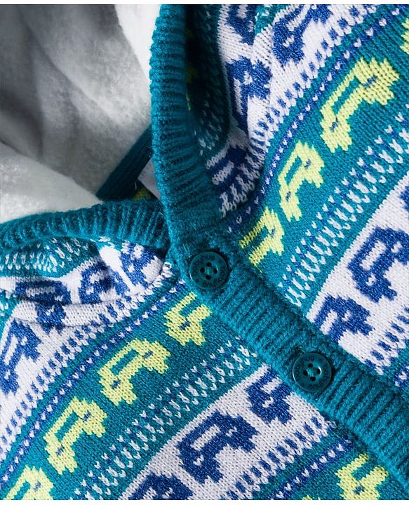Babyhug Knitted Full Sleeves Hooded Sweater Set With Car Design - Teal Blue