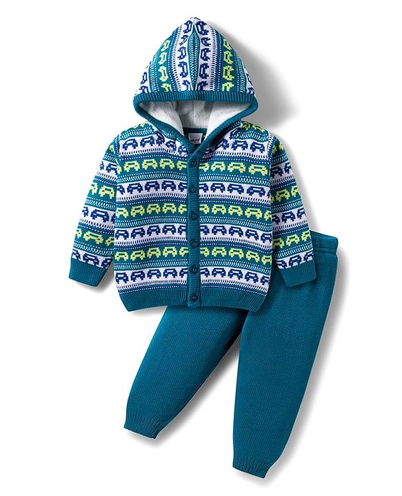 Babyhug Knitted Full Sleeves Hooded Sweater Set With Car Design - Teal Blue