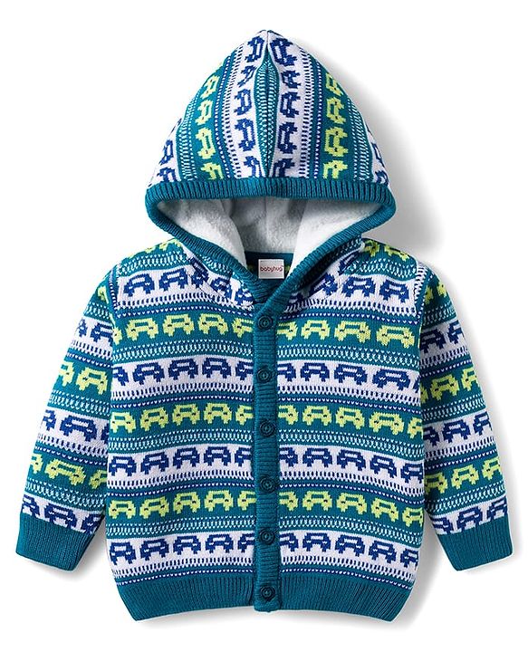 Babyhug Knitted Full Sleeves Hooded Sweater Set With Car Design - Teal Blue