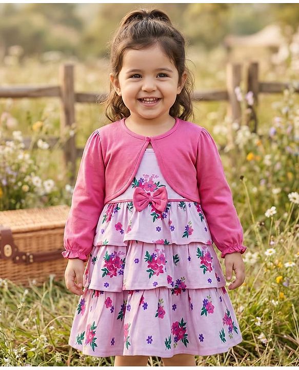 Babyhug Cotton Knit Full Sleeves Floral Printed Frock With Shrug & Bow Applique - Pink