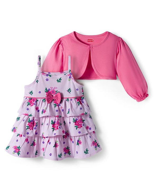 Babyhug Cotton Knit Full Sleeves Floral Printed Frock With Shrug & Bow Applique - Pink