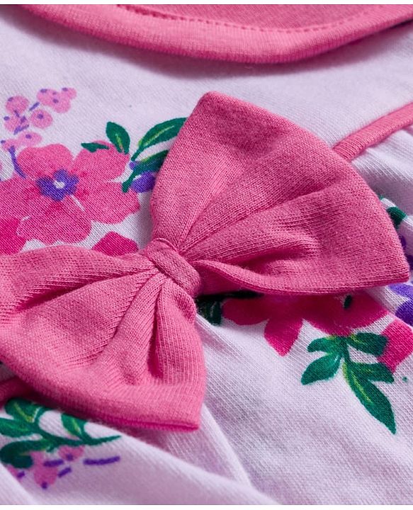 Babyhug Cotton Knit Full Sleeves Floral Printed Frock With Shrug & Bow Applique - Pink