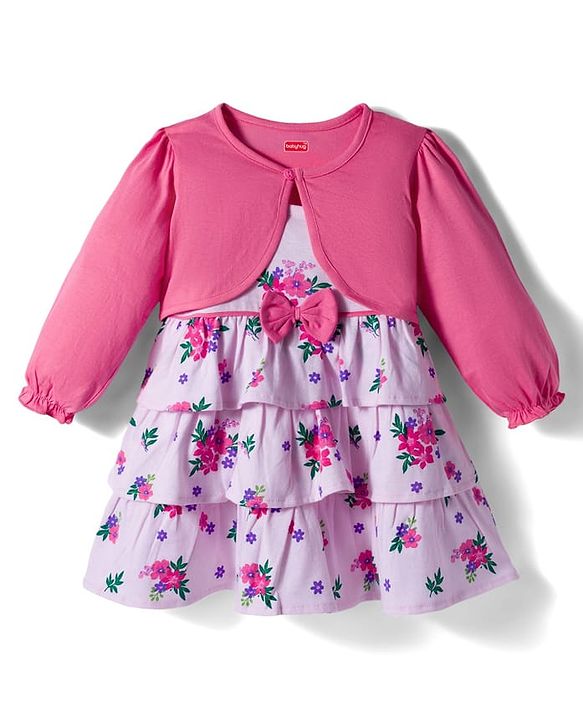 Babyhug Cotton Knit Full Sleeves Floral Printed Frock With Shrug & Bow Applique - Pink